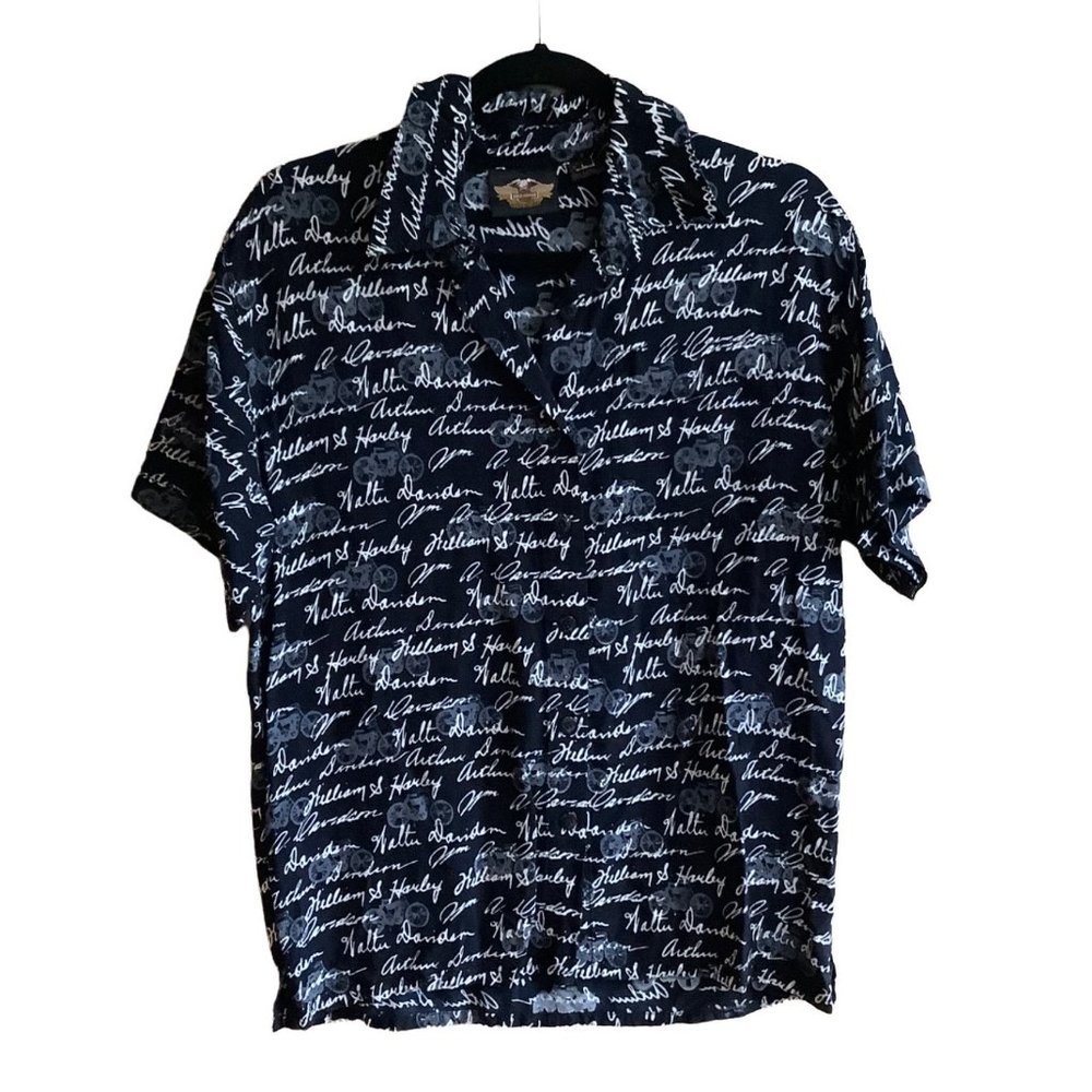 Harley Davidson Button Front Men Sz Large Shirt‎ Short Sleeve Signature Spellout